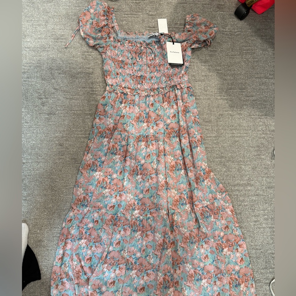 En saison Floral Midi Dress in Pink and Blue